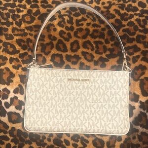 Michael Kors Cream Logo Shoulder Pochette with Brown Trim